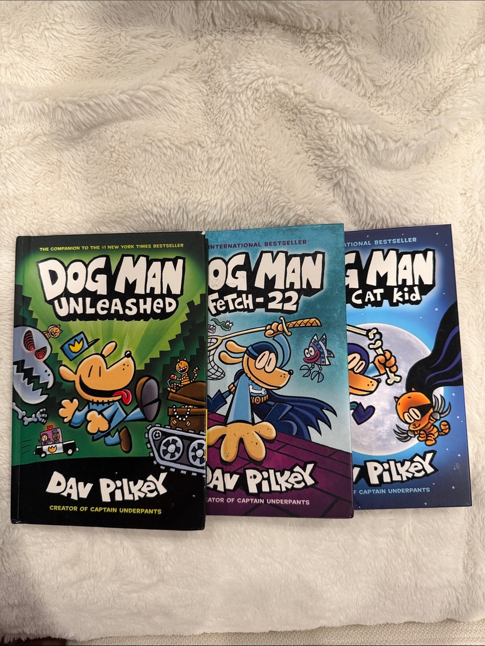 Dog Man Book Set by Dav Pilkey - Green, Blue, Navy Covers 3 book bundle